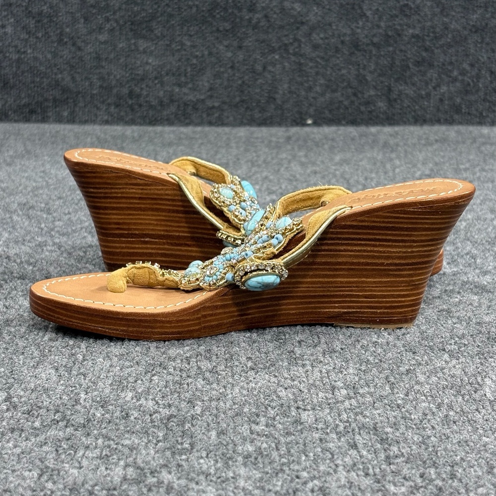 Mystique Sandals Womens 5 Brown Leather Wedge Thong Turquoise Beaded Heels